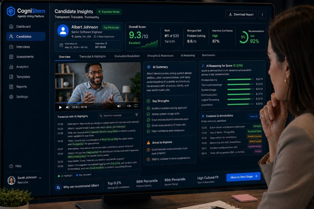 AI reasoning dashboard with transcript highlights and competency breakdown